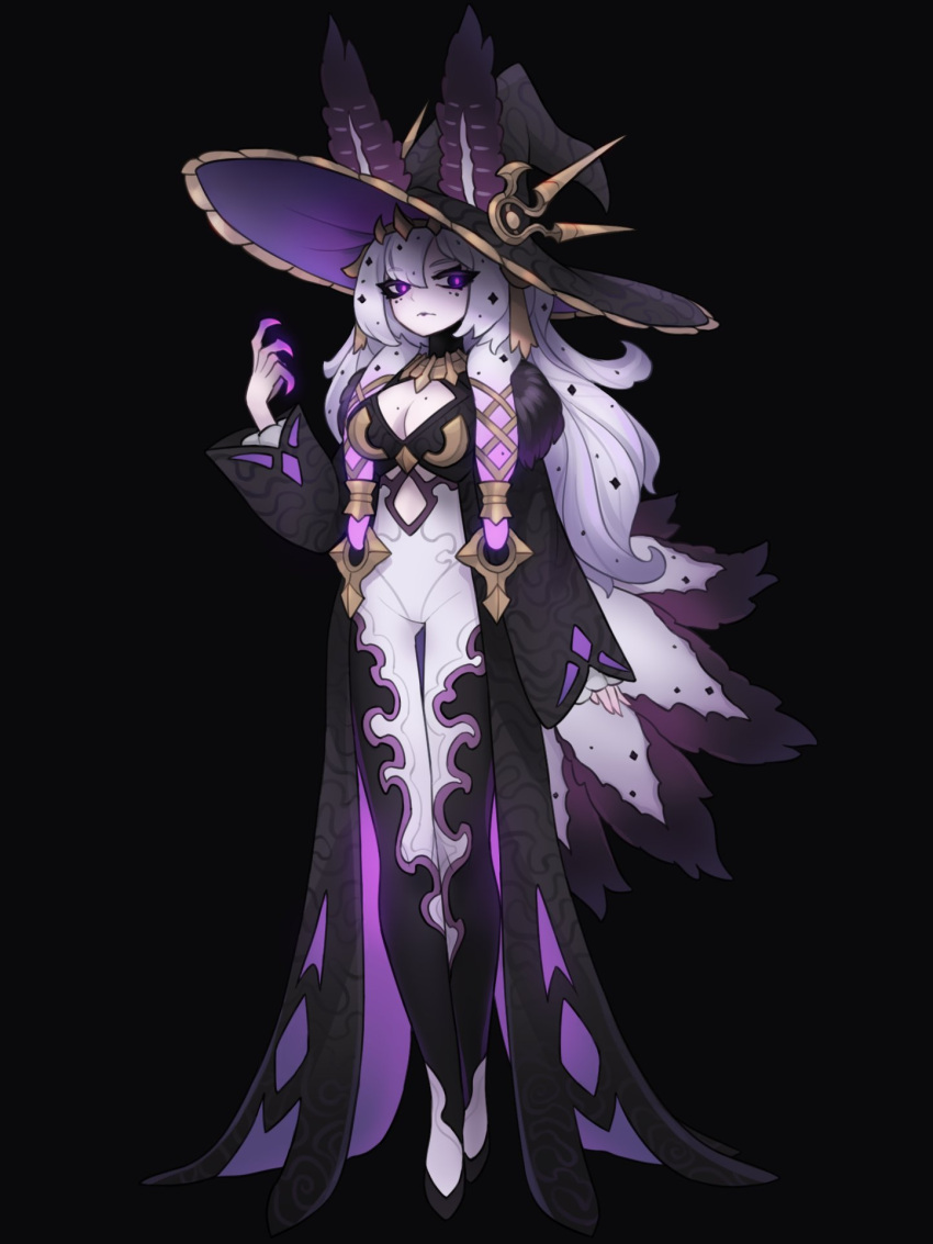 black_background breasts claws english_commentary fantasy female full_body hat highres large_breasts long_hair looking_at_viewer original pale_skin purple_eyes purple_hair sea_slug_girl slug_girl solo squeaky_(artist) witch_hat