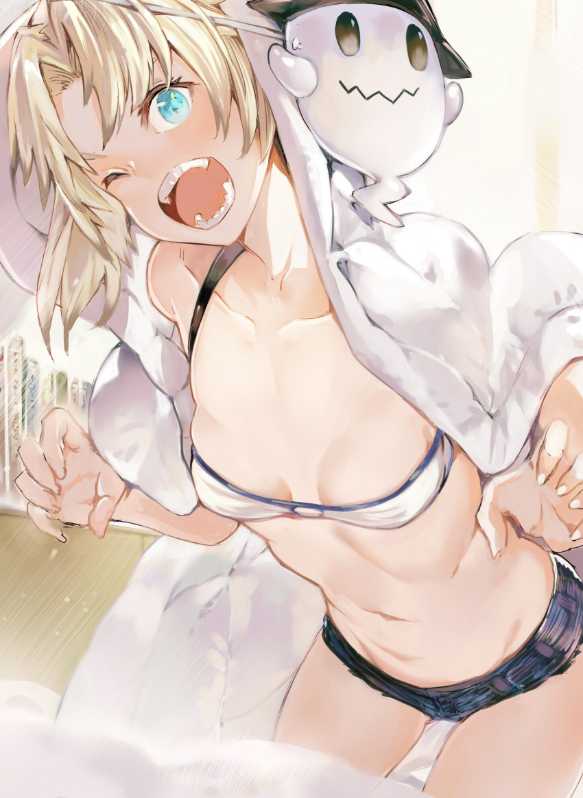 aqua_eyes bandeau bare_shoulders bed_sheet blonde_hair blue_shorts blush braid breasts collarbone commentary_request cutoffs denim denim_shorts fate/apocrypha fate_(series) female ghost_mask highres long_hair looking_at_viewer mask micro_shorts mordred_(fate) mordred_(fate/apocrypha) mordred_(memories_at_trifas)_(fate) navel one_eye_closed open_mouth parted_bangs shorts sidelocks small_breasts teeth thighs tokopi