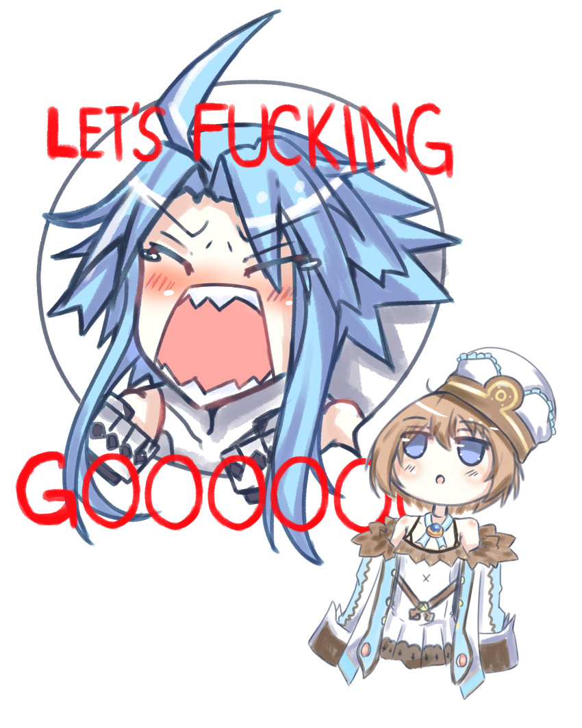 absurdres ahoge bare_shoulders bimmy blanc_(neptunia) blue_eyes blue_hair blush brown_hair chibi closed_eyes commentary dress dual_persona english_commentary english_text female fur_trim hat highres jacket jitome let's_fucking_go_(meme) light_blue_hair meme neptune_(series) open_mouth profanity screaming short_hair short_hair_with_long_locks sidelocks simple_background white_background white_dress white_headwear white_heart_(neptunia) white_jacket