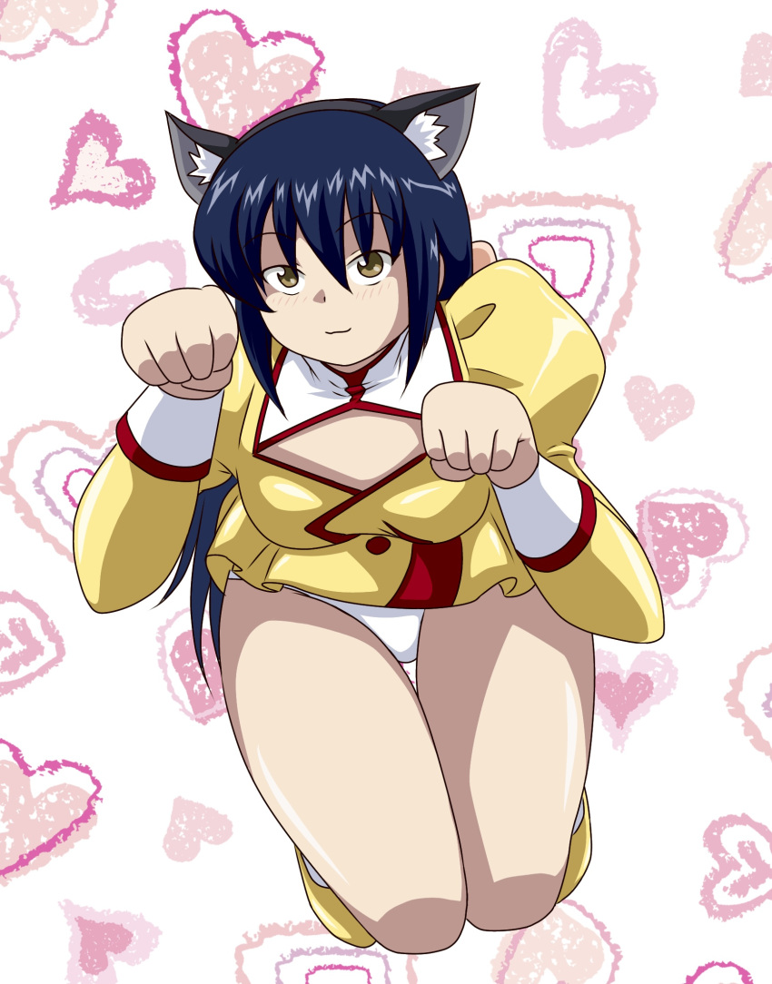 agent_aika aika_(series) animal_ears bad_hands blue_hair blush bobby_socks brown_eyes cat_ears delmogeny_uniform dress fake_animal_ears female golden_delmo hair_ribbon heart highres juliet_sleeves kuroyoshi long_sleeves looking_at_viewer panties pantyshot paw_pose pink_ribbon puffy_sleeves ribbon rie_petoriyacowa simple_background smile socks solo squatting underwear uniform white_panties white_socks yellow_dress yellow_footwear