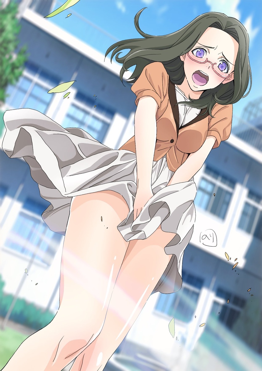 breasts building bush cloud dutch_angle female glasses highres honda_miwako long_hair looking_at_viewer nori_(norimakigumo) open_mouth purple_eyes skirt skirt_hold solo tomica_hyper_rescue_drive_head:_kidou_kyuukyuu_keisatsu tree wind wind_lift window