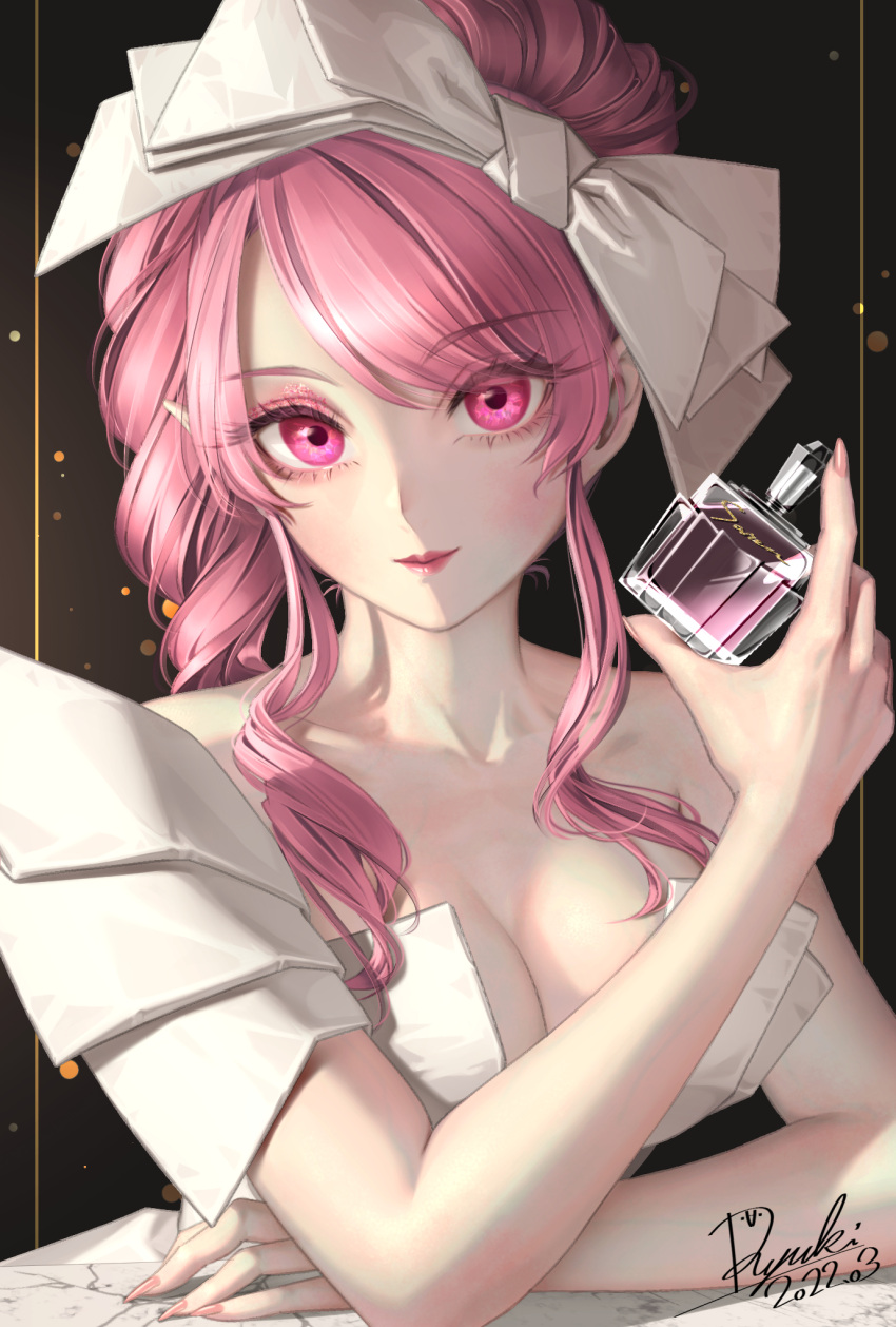 artist_name bare_shoulders bottle bow breasts cleavage closed_mouth collarbone crossed_arms dated dress drill_hair drill_ponytail drill_sidelocks eyelashes eyeshadow female hairbow highres holding large_breasts lipstick long_hair looking_at_viewer makeup nail_polish original perfume_bottle pink_eyes pink_hair pink_nails pointy_ears ryuki@maguro-ex sidelocks signature smile solo swept_bangs upper_body watermark white_bow white_dress