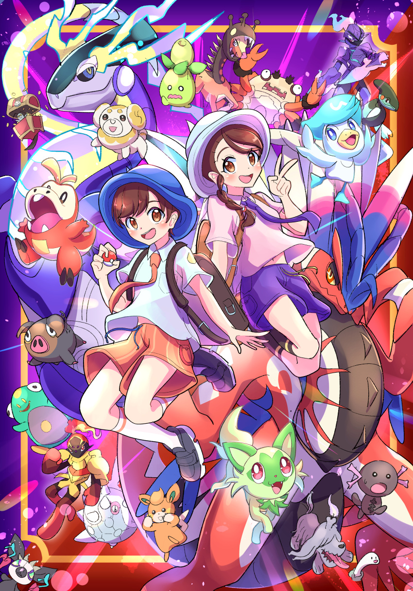 1boy :d absurdres armarouge backpack bag bellibolt blue_headwear blush braid breast_pocket brown_bag brown_hair ceruledge cetitan commentary cyclizar farigiraf female fidough florian_(pokemon) fuecoco gimmighoul grafaiai greavard hand_up hat highres juliana_(pokemon) klawf koraidon lechonk miraidon naranja_academy_school_uniform necktie open_mouth orange_necktie orange_shorts paldean_wooper pawmi pocket pokemon pokemon_(creature) pokemon_sv purple_necktie purple_shorts quaxly school_uniform shirt shoes short_hair short_sleeves shorts smile smoliv socks sprigatito uva_academy_school_uniform v white_socks wiglett yukimaru_(jvje4777)