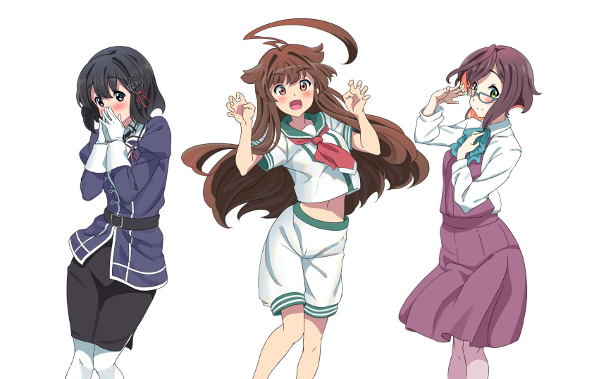 3girls ahoge alternate_skirt_length ao_iro aqua_sailor_collar black_hair black_skirt blue-framed_eyewear bow bowtie brown_eyes brown_hair commentary_request cowboy_shot curled_fingers dress glasses gloves green_eyes grey_legwear haguro_(kancolle) hair_ornament highres huge_ahoge kantai_collection kuma_(kancolle) long_hair looking_at_viewer military military_uniform multicolored_hair multiple_girls okinami_(kancolle) pantyhose pencil_skirt pink_hair purple_shirt remodel_(kantai_collection) sailor_collar school_uniform serafuku shirt short_hair short_sleeves shorts simple_background skirt sleeveless sleeveless_dress standing uniform white_background white_gloves white_shirt white_shorts