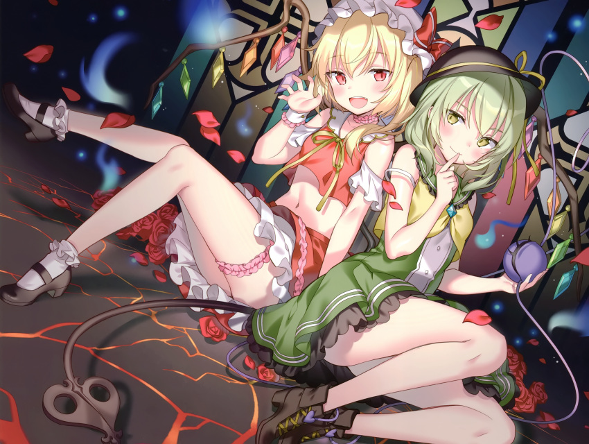 2girls blonde_hair blush boots choker cropped dress flandre_scarlet flowers garter green_eyes green_hair hat komeiji_koishi navel oerba_yun_fang petals ponytail red_eyes rie_(reverie) rose scan short_hair skirt socks touhou vampire weapon wings wristwear