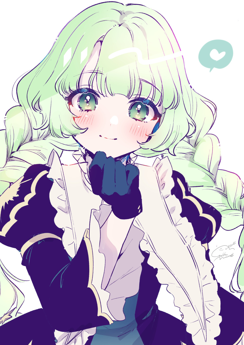 absurdres aikatsu!_(series) aikatsu_planet! black_dress black_gloves braid clenched_hand close-up colored_eyelashes commentary dress female geshumaro gloves green_eyes green_hair heart highres juliet_sleeves limited_palette long_hair long_sleeves puffy_sleeves q-pit shiny_skin signature simple_background smile solo speech_bubble spoken_heart symbol-only_commentary tsukishiro_ayumi twin_braids upper_body very_long_hair white_background