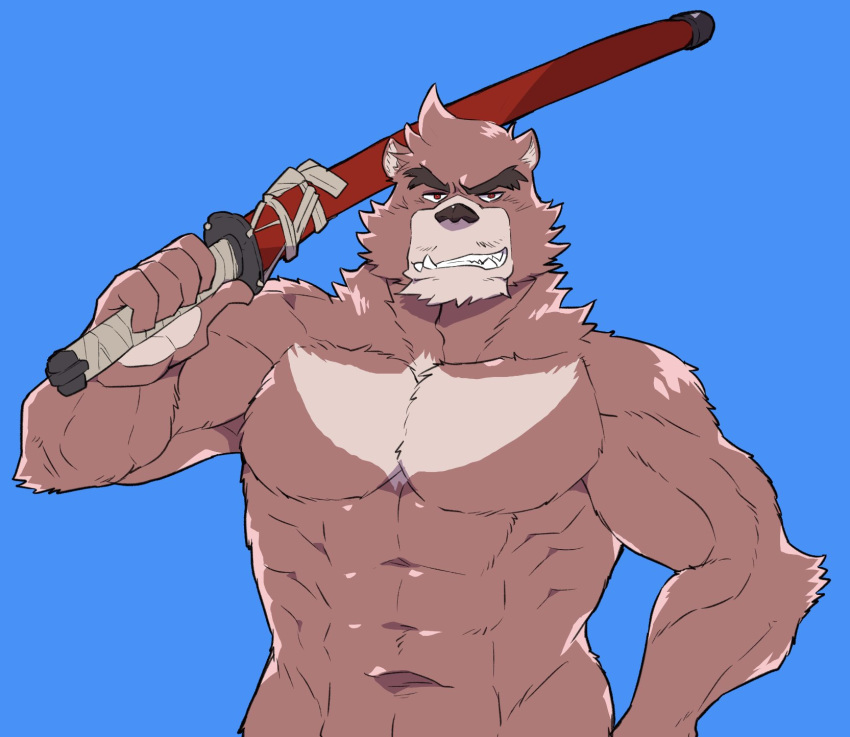 2019 5_fingers abs anthro bear biceps brown_body brown_fur fingers fur hi_res holding_melee_weapon holding_object holding_sword holding_weapon humanoid_hands kumatetsu male mammal melee_weapon muscular muscular_anthro muscular_male pecs red_eyes solo star_parlor studio_chizu sword the_boy_and_the_beast triceps weapon