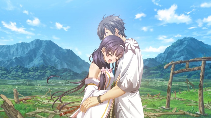 1boy asahina_hikage black_hair blue_sky blunt_bangs brown_eyes brown_hair closed_eyes cloud crying day detached_sleeves female flower from_side game_cg hair_flower hair_ornament hairband haruhime_(kunado_kokuki) japanese_clothes kimono kunado_kokuki long_hair long_sleeves mountain open_mouth outdoors pink_flower shin_(kunado_kokuki) short_hair sky standing tears torii very_long_hair white_hairband white_kimono white_sleeves wide_sleeves