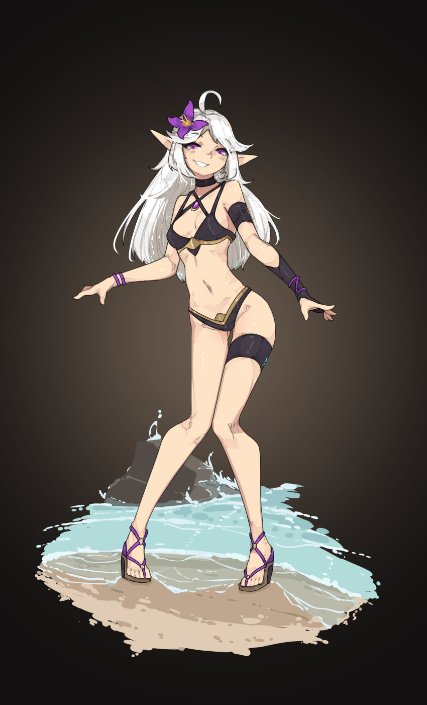 absurd_res breasts clothing collar elf female hair hi_res humanoid humanoid_pointy_ears long_hair looking_at_viewer not_furry shuuko skinny slim small_breasts small_waist smile solo swimwear thigh_gap