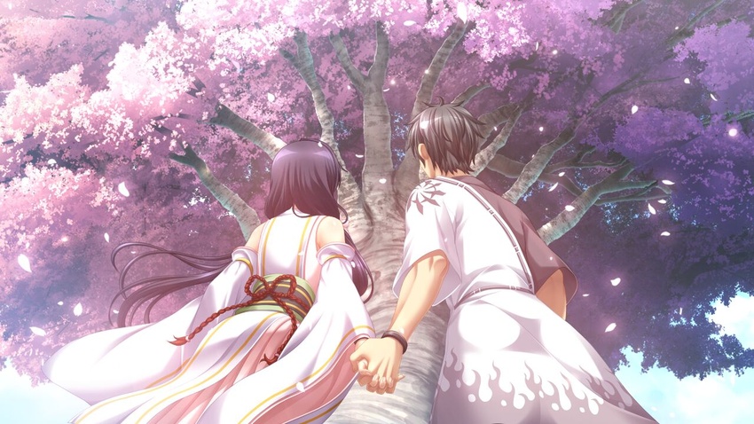 1boy asahina_hikage black_hair bracelet cherry_blossoms couple detached_sleeves female floating_hair from_behind from_below game_cg haruhime_(kunado_kokuki) holding_hands interlocked_fingers japanese_clothes jewelry kimono kunado_kokuki long_hair long_sleeves obi sash shin_(kunado_kokuki) short_hair straight tree very_long_hair white_hair white_kimono white_sleeves wide_sleeves