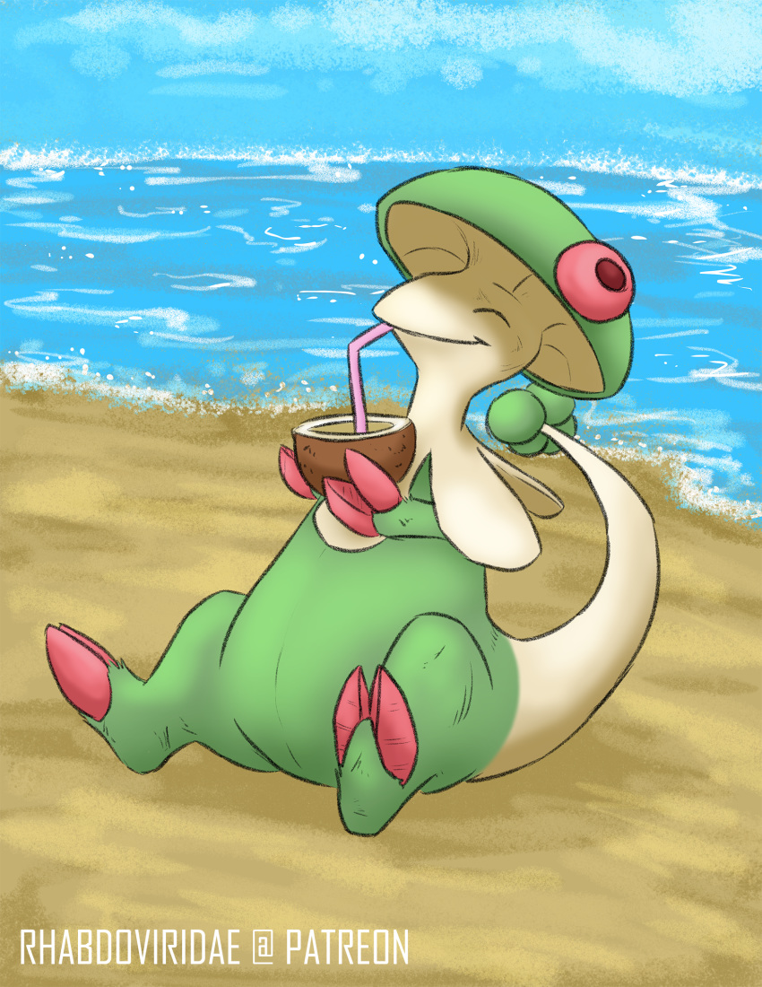 beach beverage breloom closed_eyes conditional_dnp digital_drawing_(artwork) digital_media_(artwork) drinking elemental_creature fungi_fauna fungus generation_3_pokemon hi_res nintendo pokemon pokemon_(species) sea seaside solo water wolftacos