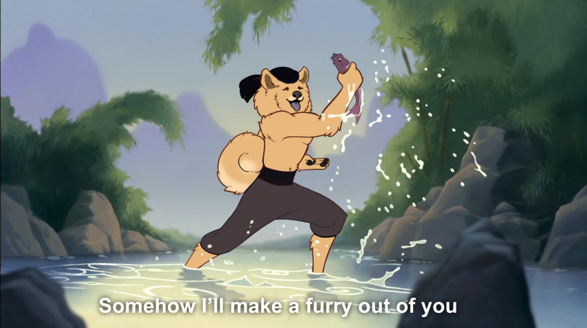 anthro black_hair canid canine canis chow_chow clothed clothing disney domestic_dog drokmars fishing fur hair hi_res long_hair male mammal meme mulan_(1998) partially_clothed partially_submerged redraw solo spitz tan_body tan_fur third-party_edit tongue tongue_out topknot topless topless_male