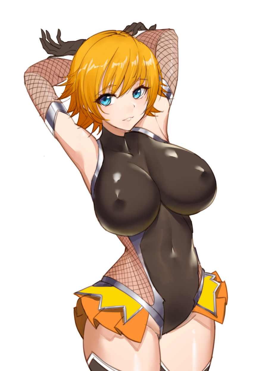 absurdres blue_eyes breasts chinese_commentary commentary covered_navel covered_nipples elbow_gloves female fishnet_fabric gloves highres igawa_sakura large_breasts looking_at_viewer ninja orange_hair short_hair showgirl_skirt simple_background skin_tight smile solo taimanin_(series) taimanin_asagi taimanin_suit thighhighs unkobako white_background