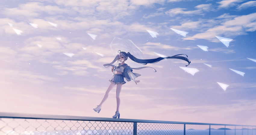 absurdres ahoge balancing bare_legs blouse blue_eyes blue_hair blue_ribbon blue_sailor_collar blue_skirt boots chain-link_fence choker cloud commentary crop_top female fence floating_hair frilled_skirt frills hatsune_miku high_heel_boots high_heels highres holding holding_umbrella leg_up long_hair long_sleeves midriff miniskirt navel on_fence paper_airplane platform_footwear pleated_skirt ragi_(diabolik_angle) ribbon sailor_collar see-through see-through_sleeves shirt skirt sky solo stomach symbol-only_commentary thigh_strap transparent transparent_umbrella twintails umbrella unzipped very_long_hair vocaloid walking_on_fence white_footwear white_shirt wide_shot