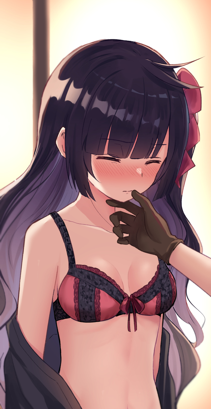 absurdres bad_id bad_pixiv_id black_hair blunt_bangs blush bra breasts brown_gloves chizu_ranka closed_eyes closed_mouth collarbone colored_inner_hair embarrassed female gloves grey_hair highres lingerie long_hair magia_record:_mahou_shoujo_madoka_magica_gaiden mahou_shoujo_madoka_magica midriff multicolored_hair red_bra red_ribbon ribbon small_breasts solo_focus stomach suzugahama two-tone_hair underwear