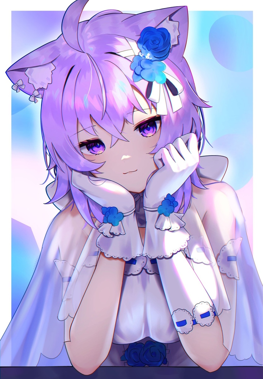 :3 ahoge alternate_costume animal_ears ao_ne bad_id bad_pixiv_id breasts breasts_squeezed_together cat_ears cloak closed_mouth crossed_bangs dress elbow_rest female flower gloves hair_between_eyes hair_flower hair_ornament hands_up highres hololive jitome large_breasts light_purple_hair looking_at_viewer medium_hair nekomata_okayu outside_border purple_eyes see-through smile solo upper_body virtual_youtuber