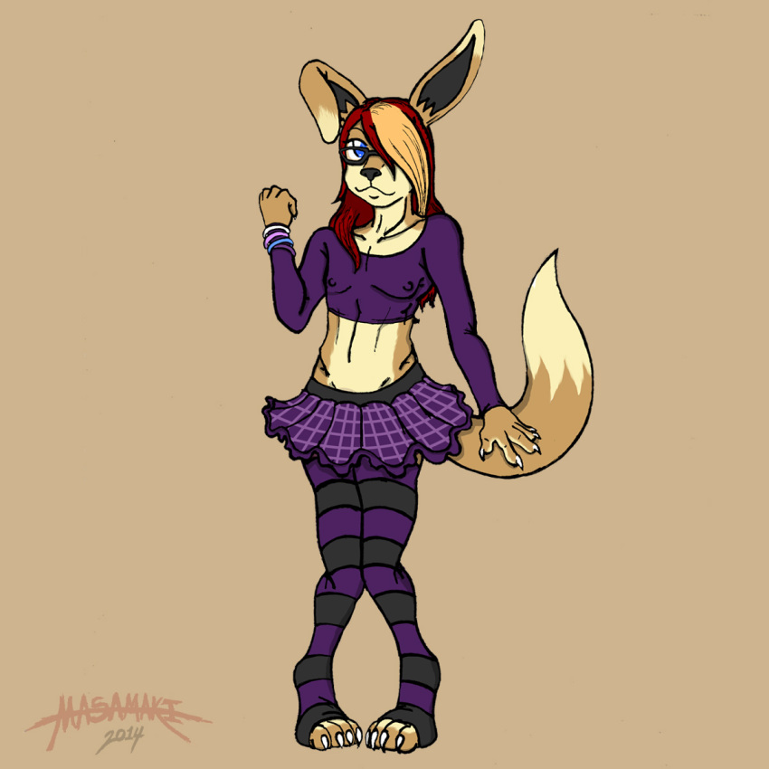 1:1 2014 anthro blue_eyes bottomwear canid canine clothed clothing crossdressing eyewear femboy fox hair hi_res legwear looking_at_viewer male mammal masamaki nipples raion_ganhosa simple_background skirt smile solo stockings