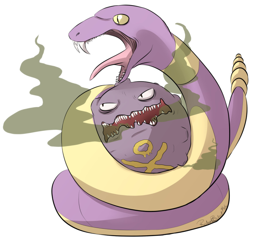 ambiguous_gender duo ekans fangs feral generation_1_pokemon koffing nintendo open_mouth poison_(final_fight) pokemon pokemon_(species) rattle_(anatomy) reptile rodent-blood scalie simple_background snake teeth tongue tongue_out yellow_eyes