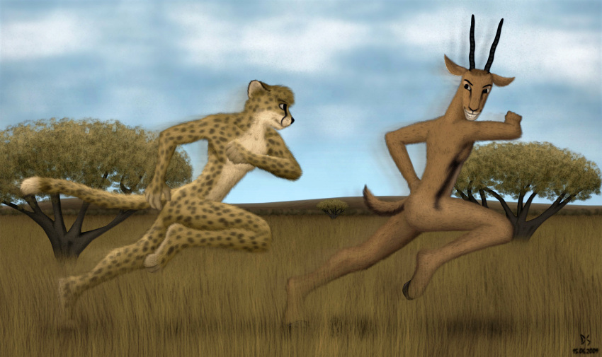 2009 antelope anthro ass bovid casual_nudity cheetah dan_scarlet duo felid feline fur gazelle grass hi_res horn humor male mammal nude outside plant predator/prey running savanna side_view sky smile spots wood