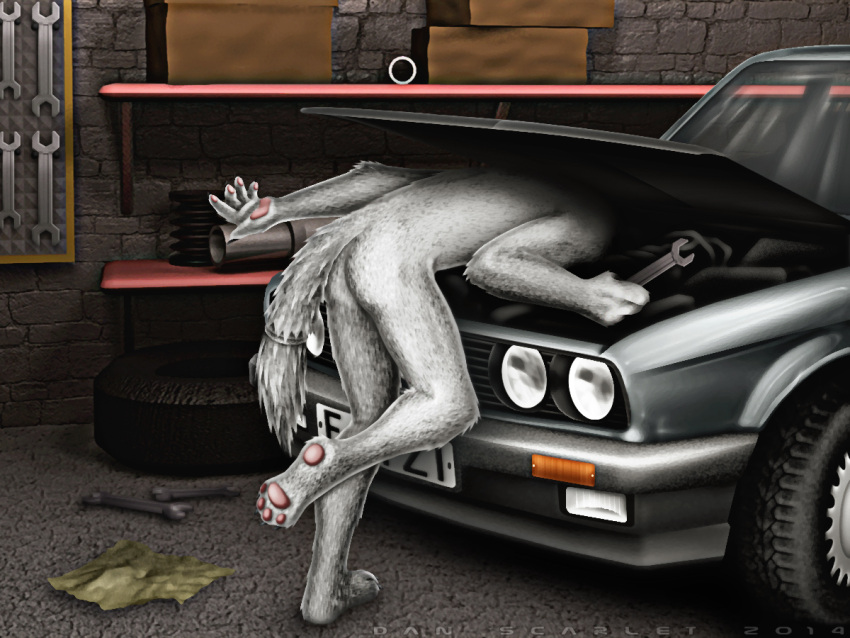 4:3 anthro ass bent_over biped bmw bmw_e30 canid canine canis car casual_nudity dan_scarlet fingernails fur garage grey_body grey_fur humor male mammal mechanic nails nude pawpads paws solo standing tire tools vehicle white_body white_fur wolf wrench