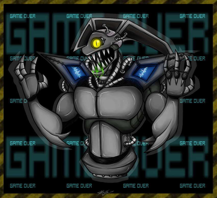 acid acid_saliva armor border capcom claws crystal_dynamics electronics english_text floating game_over gameplay_mechanics glowing glowing_eyes hovering legless male mega_man_(series) monitor reploid reptile rez sarkyfancypants scalie solo text