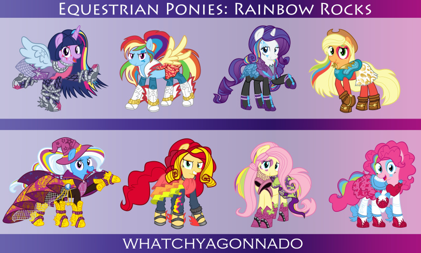 5:3 absurd_res applejack_(eg) clothing cowboy_hat english_text equestria_girls equid equine feathered_wings feathers female feral fluttershy_(eg) group hasbro hat headgear headwear hi_res horn makeup mammal my_little_pony mythological_creature mythological_equine mythology pegasus pinkie_pie_(eg) rarity_(eg) simple_background smile sunset_shimmer_(eg) text trixie_(eg) twilight_sparkle_(eg) unicorn whatchyagonnado wings