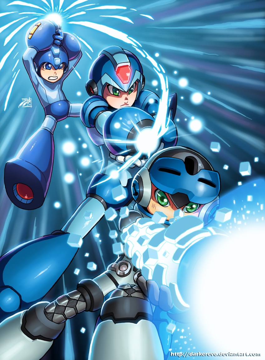 2014 absurd_res beck_(mighty_no._9) blue_body blue_eyes capcom darkereve green_eyes group hi_res humanoid machine male mega_man_(character) mega_man_(series) mega_man_x_(character) mega_man_x_(series) megaman_(classic) mighty_no._9 robot