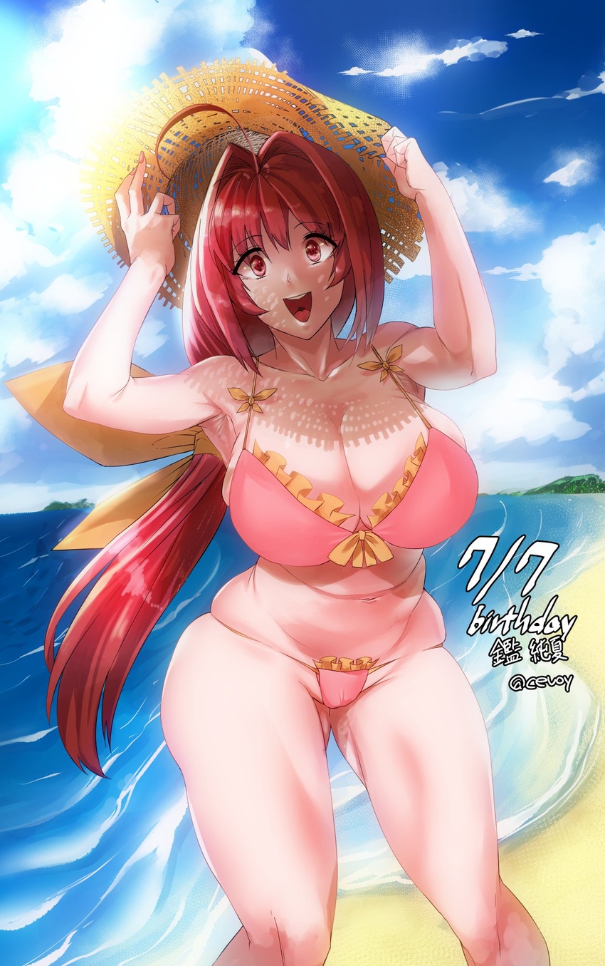 :d ahoge bare_shoulders beach bikini birthday breasts cevoy cleavage commentary_request curvy english_text female frills hair_intakes hair_ribbon hands_on_headwear hat highres huge_ahoge huge_breasts kagami_sumika long_hair muv-luv ocean open_mouth outdoors pink_bikini red_eyes red_hair ribbon sand shore smile solo standing straw_hat sun_hat swimsuit thighs water waves