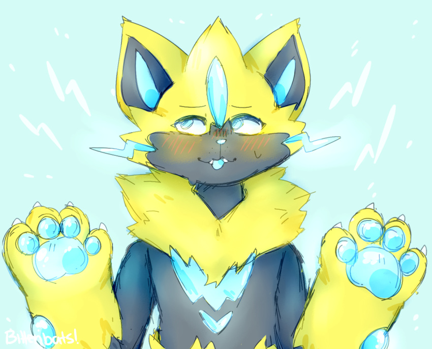 ambiguous_gender anthro avoid_posting bittenbats blush electricity embarrassed fluffy front_view generation_7_pokemon glowing legendary_pokemon looking_away neck_tuft nintendo pawpads paws pokemon pokemon_(species) shy solo sparks tuft zeraora