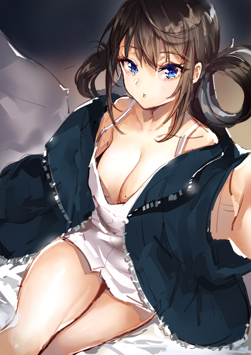 absurdres blue_eyes breasts brown_hair cleavage coat commentary_request cowboy_shot dress female hair_rings highres iiiroha legs looking_at_viewer mole original simple_background sitting solo thighs white_dress