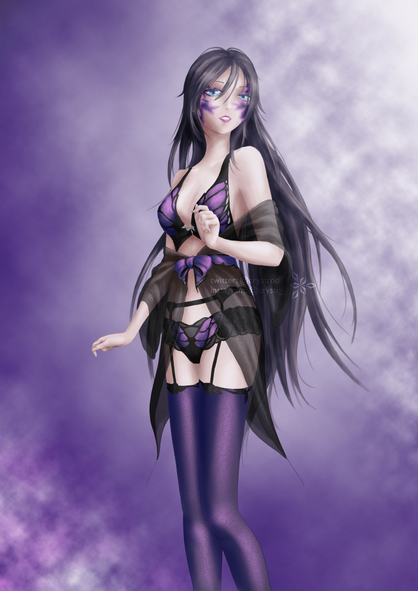 abstract_background absurdres ashley_(shining_nikki) bare_shoulders black_bra black_panties bra breasts cleavage coat collarbone crystr female garter_belt grey_hair hair_between_eyes highres lingerie long_hair navel nikki_(series) off_shoulder open_clothes open_coat open_mouth pale_skin panties purple_background purple_thighhighs scar scar_on_face see-through shining_nikki solo thighhighs underwear watermark