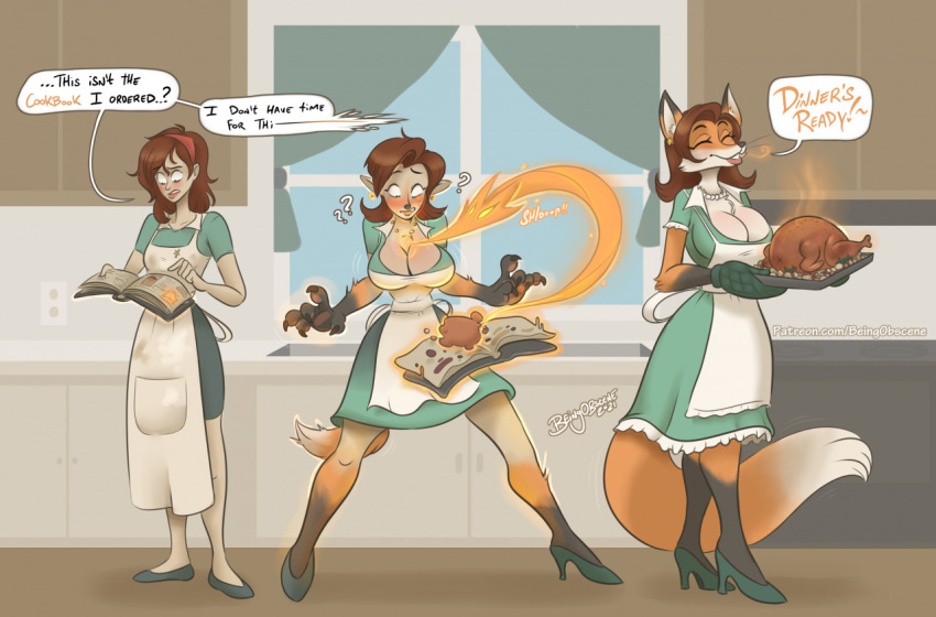 anthro apron beingobscene big_breasts breast_expansion breasts brown_hair canid canine claws cleavage closed_eyes clothed clothing cookbook dipstick_tail english_text expansion female food footwear fox fully_clothed fur growth hair handwear high_heels human human_to_anthro inside kitchen lips mammal markings mature_female meat orange_body orange_fur oven_mitts smile solo species_transformation tail_growth tail_markings text transformation transformation_sequence turkey_meat whiskers