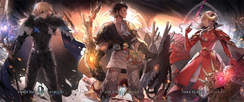 2boys areadbhar_(fire_emblem) armor axe aymr_(weapon) blonde_hair bow_(weapon) brown_hair cape character_name claude_von_riegan commission commissioner_upload cravat dimitri_alexandre_blaiddyd dragon edelgard_von_hresvelg eyepatch failnaught_(fire_emblem) fangs female fire_emblem fire_emblem:_three_houses fur_cape glowing glowing_eyes glowing_weapon horned_headwear multiple_boys paula_biedma polearm red_cape silver_hair spear tiara weapon wyvern