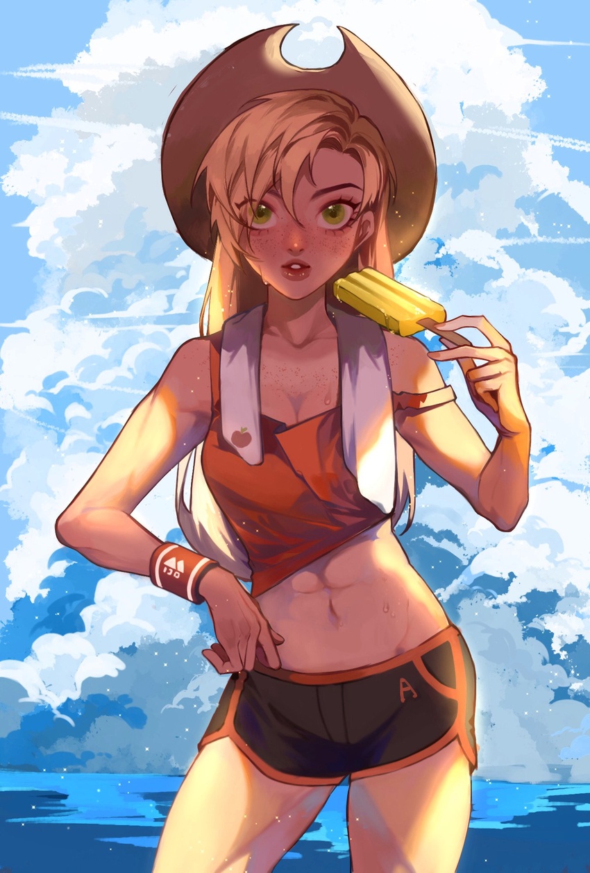 abs alternate_hairstyle applejack_(mlp) armband beach blonde_hair brown_hat cowboy_hat crop_top female food green_eyes gym_shorts hair_down hat highres initial lips long_hair muscular muscular_female my_little_pony my_little_pony:_friendship_is_magic ocean outdoors personification popsicle short_shorts shorts sky solo sportswear sweat sweatband sweatdrop towel water xieyanbbb