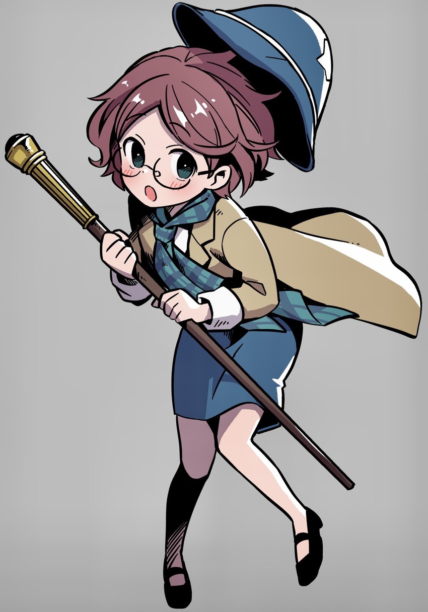 :o black_footwear blue_dress blue_eyes blush brown_coat brown_hair cane coat dress female grey_background helena_adams highres holding holding_cane identity_v long_sleeves open_mouth plaid plaid_scarf round_eyewear scarf short_hair simple_background solo tsumumi_(kandume103)