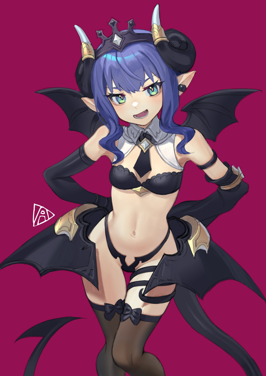 absurdres aqua_eyes asymmetrical_sleeves bandeau black_panties blue_hair blush breasts commentary crown curled_horns demon_girl demon_horns demon_tail demon_wings earrings elbow_gloves female gloves highres horns jewelry looking_at_viewer medium_hair navel open_mouth original panties pink_background pink_pupils pointy_ears redauto simple_background single_earring small_breasts smile solo symbol-only_commentary tail thigh_bow thigh_gap thighhighs thighs underwear wings