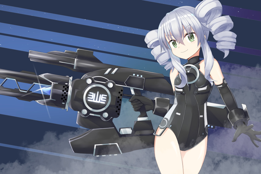 black_gloves black_legwear black_sister breasts drill_hair elbow_gloves female gloves green_eyes grey_hair highres holding holding_weapon long_hair looking_at_viewer ma40414 neptune_(series) power_symbol power_symbol-shaped_pupils small_breasts smile solo symbol-shaped_pupils twin_drills weapon