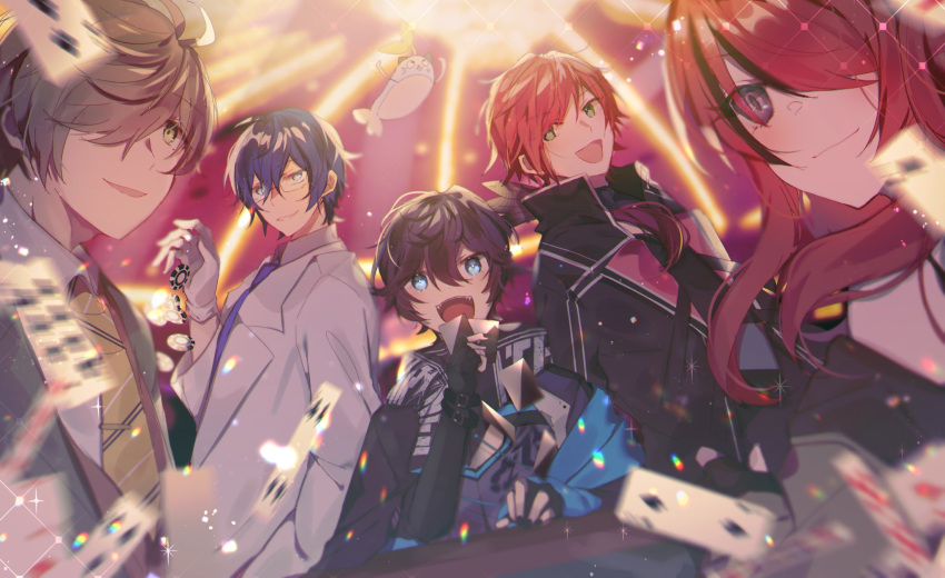 4boys axia_krone axia_krone_(1st_costume) black_bodysuit black_eyes black_hair black_jacket blazer blue_eyes blue_hair blush bodysuit brown_hair card coat collared_shirt eden-gumi female glasses gloves green_eyes green_jacket hair_behind_ear hair_over_one_eye highres holding holding_card jacket lab_coat lain_paterson lauren_iroas lauren_iroas_(1st_costume) leos_vincent mameneko_(leos_vincent) motion_blur multicolored_hair multiple_boys necktie nijisanji oliver_evans om_(tyakonnpasu) one_eye_covered open_mouth parted_lips red_hair shirt smile streaked_hair virtual_youtuber white_coat white_gloves white_shirt yellow_necktie