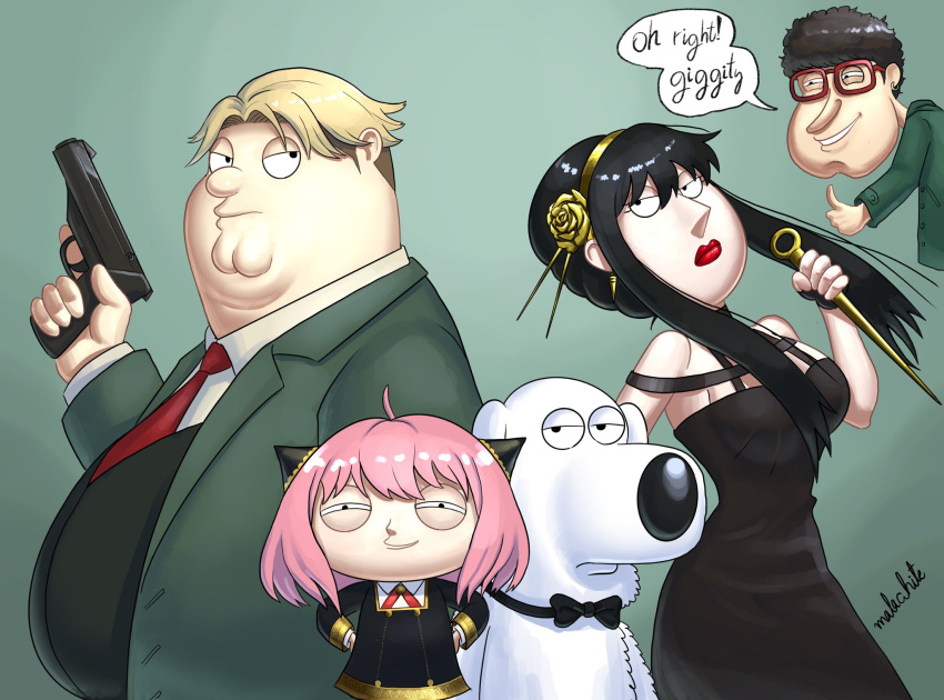 3boys anya_(spy_x_family) black_dress black_hair blonde_hair bond_(spy_x_family) bond_(spy_x_family)_(cosplay) breasts brian_griffin brown_hair canine closed_mouth collared_shirt cosplay crossdressing crossover dagger dress eden_academy_school_uniform english_commentary family_guy fat female flower franky_franklin franky_franklin_(cosplay) from_side glasses glenn_quagmire gold_hairband green_background green_jacket gun hair_between_eyes hair_flower hair_ornament hairband highres holding holding_gun holding_knife holding_weapon jacket knife labrador_retriever lipstick lois_griffin long_hair looking_at_viewer looking_to_the_side makeup malachite_27346 medium_breasts medium_hair multiple_boys necktie no_eyewear obese peter_griffin pink_hair red-framed_eyewear red_necktie school_uniform shirt short_hair simple_background speech_bubble spy_x_family stewie_griffin stiletto_(weapon) thumbs_up trigger_discipline twilight_(spy_x_family) twilight_(spy_x_family)_(cosplay) twitter_username very_short_hair weapon white_shirt yor_briar yor_briar_(cosplay)