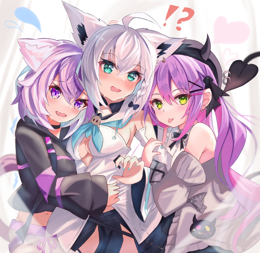 !? 3girls absurdres ahoge animal_ear_fluff animal_ears arm_hug bare_shoulders bibi_(tokoyami_towa) black_shirt black_shorts blue_nails blue_neckerchief blush braid breasts cardigan cat_ears cat_girl cat_tail cleavage commentary_request demon_girl demon_tail detached_sleeves earrings fox_ears fox_girl green_eyes grey_cardigan hair_between_eyes hair_ribbon highres hololive hood hoodie hug jewelry long_hair looking_at_viewer medium_breasts midriff multiple_girls navel neckerchief nekomata_okayu nekomata_okayu_(1st_costume) open_cardigan open_clothes open_mouth pants purple_eyes purple_hair ribbon shirakami_fubuki shirakami_fubuki_(1st_costume) shirt short_hair short_shorts shorts sidelocks simple_background single_braid soma443 tail tearing_up tokoyami_towa tokoyami_towa_(jirai_kei) tongue tongue_out virtual_youtuber white_background white_hair white_hoodie white_pants white_shirt