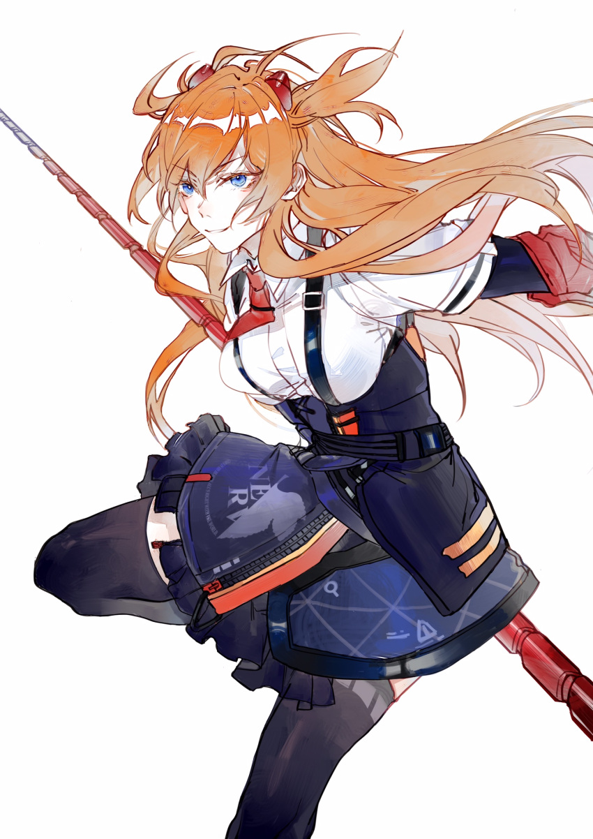 black_skirt black_thighhighs blue_eyes chinese_commentary commentary crossover female grin hair_between_eyes hair_ornament highres holding holding_polearm holding_weapon honkai_(series) honkai_impact_3rd lance_of_longinus_(evangelion) long_hair necktie neon_genesis_evangelion nnikko open_mouth orange_hair polearm polo_shirt rebuild_of_evangelion red_necktie shirt simple_background skirt smile solo souryuu_asuka_langley spear teeth thighhighs v-shaped_eyebrows weapon white_background white_shirt