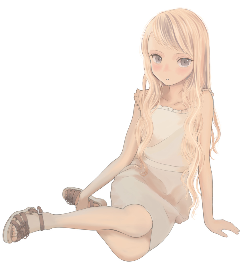 arm_support blonde_hair blush dress female full_body grey_eyes highres long_hair looking_at_viewer mocha_(snowflake) original parted_lips sandals simple_background sitting solo swept_bangs white_background white_dress