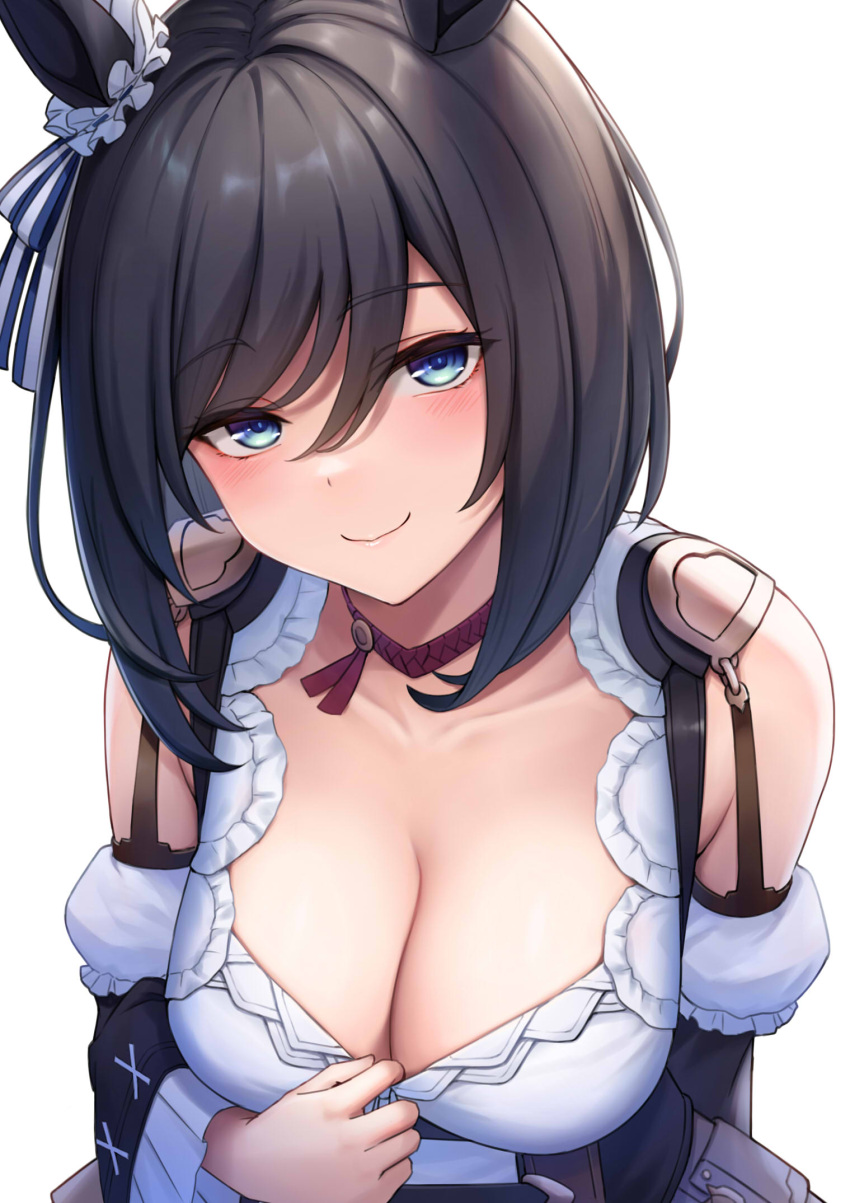 animal_ears black_hair blue_eyes blush bob_cut breasts choker cleavage closed_mouth clothes_pull collarbone dirndl eishin_flash_(umamusume) female frilled_sleeves frills german_clothes highres horse_ears horse_girl large_breasts pulling_own_clothes red_choker short_hair simple_background smile solo swept_bangs teasing umamusume upper_body white_background ym_(distance819)