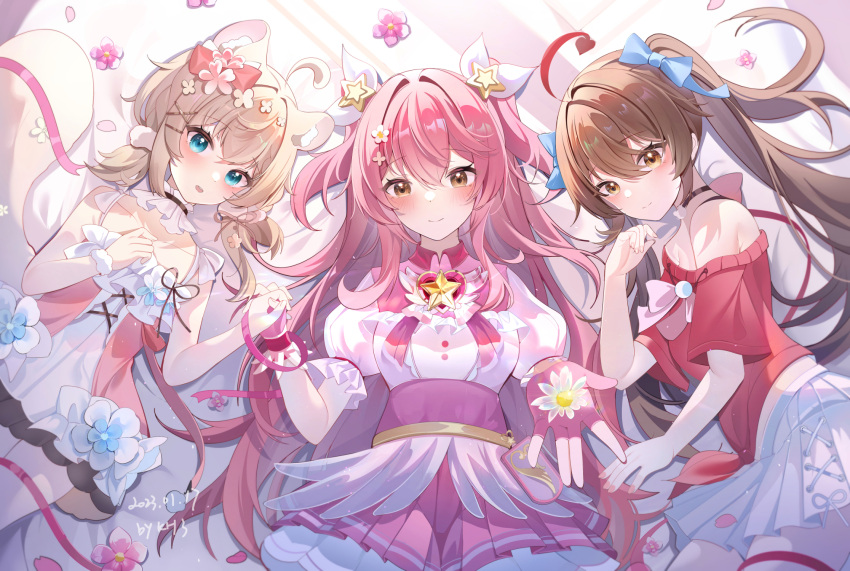 3girls ahoge animal_ears balala_the_fairies black_choker blue_bow blue_eyes blush bow brooch brown_eyes brown_hair choker dress flower hairbow highres holding_hands huajiu_usu jewelry ling_meixue looking_at_viewer miaogujun multiple_girls petals pink_dress pink_hair pink_ribbon red_shirt ribbon shinka_musume shinka_musume_channel shirt star_brooch virtual_dimension_project virtual_youtuber white_dress