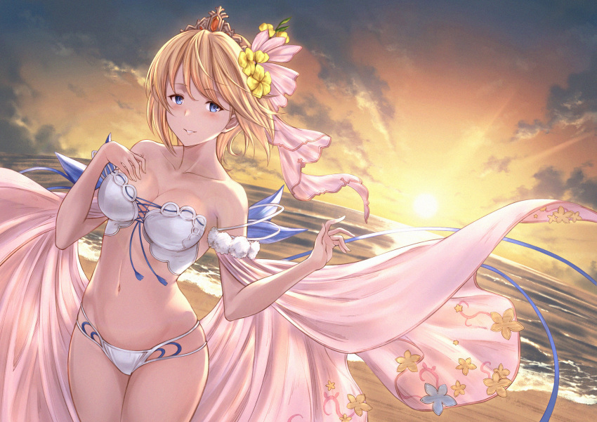 beach bikini blonde_hair blue_eyes blue_ribbon blush breasts chokuro cleavage collarbone commentary_request cowboy_shot diadem dutch_angle europa_(granblue_fantasy) europa_(summer)_(granblue_fantasy) female floating_hair flower granblue_fantasy groin hair_flower hair_ornament highres looking_at_viewer md5_mismatch medium_breasts multi-strapped_bikini navel ocean official_alternate_costume outdoors parted_lips ribbon short_hair solo standing strapless strapless_bikini sun sunlight swimsuit twilight white_bikini yellow_flower