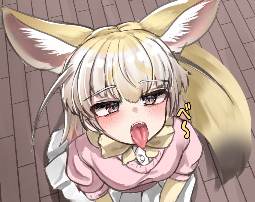 absurdres animal_ear_fluff animal_ears blonde_hair blush bow bowtie brown_eyes brown_hair buttons colored_eyelashes commentary_request darus5 elbow_gloves extra_ears female fennec_(kemono_friends) fox_ears fox_girl fox_tail from_above gloves half-closed_eyes highres kemono_friends long_hair looking_up multicolored_hair oerba_yun_fang open_mouth oral_invitation paid_reward_available pink_sweater pleated_skirt shirt short-sleeved_sweater short_sleeves sitting skirt solo sweater tail tongue tongue_out undershirt uvula white_hair white_skirt wooden_floor