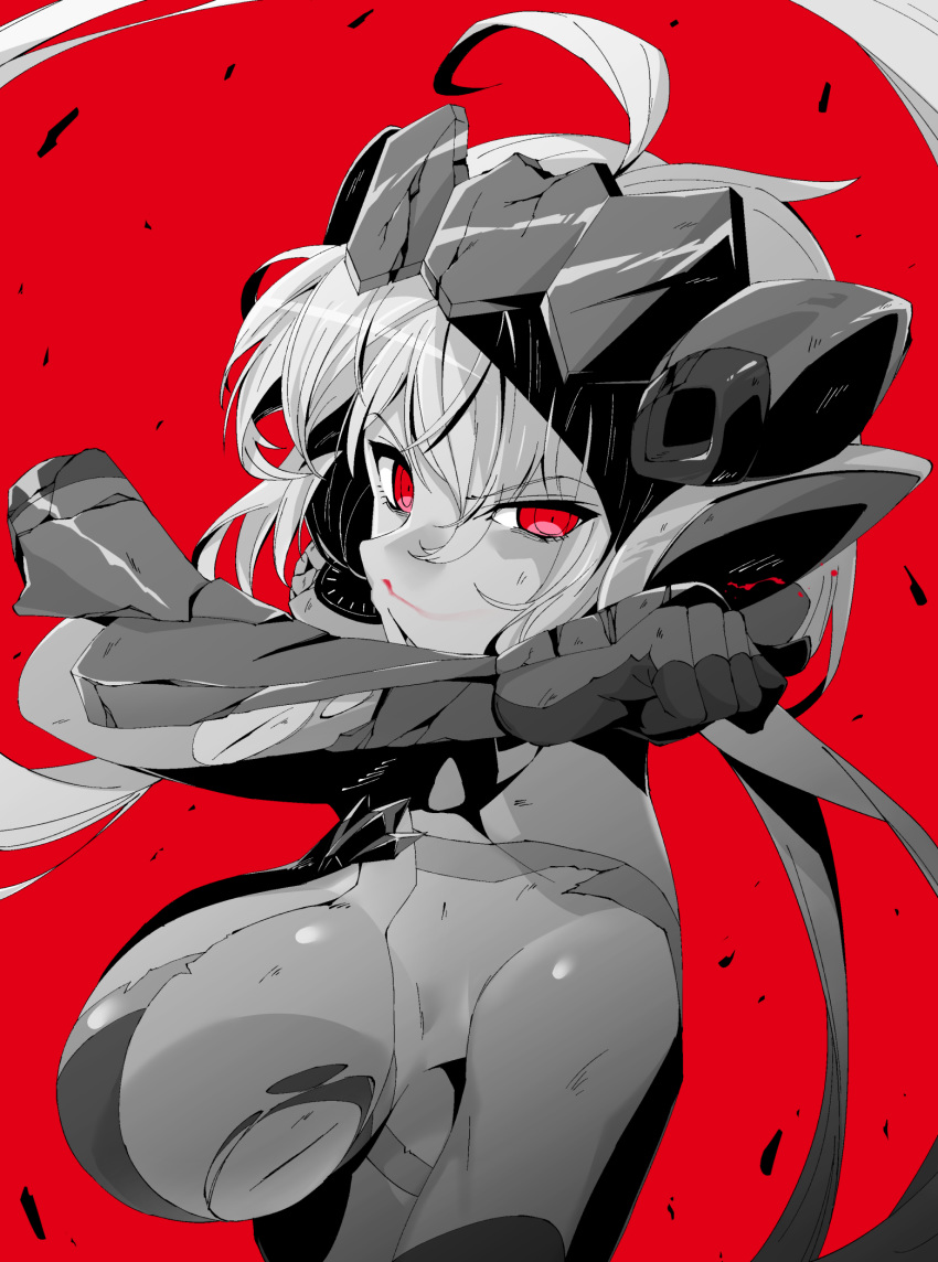 ahoge blood breasts commentary_request damaged female gloves hal-bard headgear highres large_breasts limited_palette nosebleed red_background red_eyes red_theme senki_zesshou_symphogear solo torn_clothes wiping_face yukine_chris