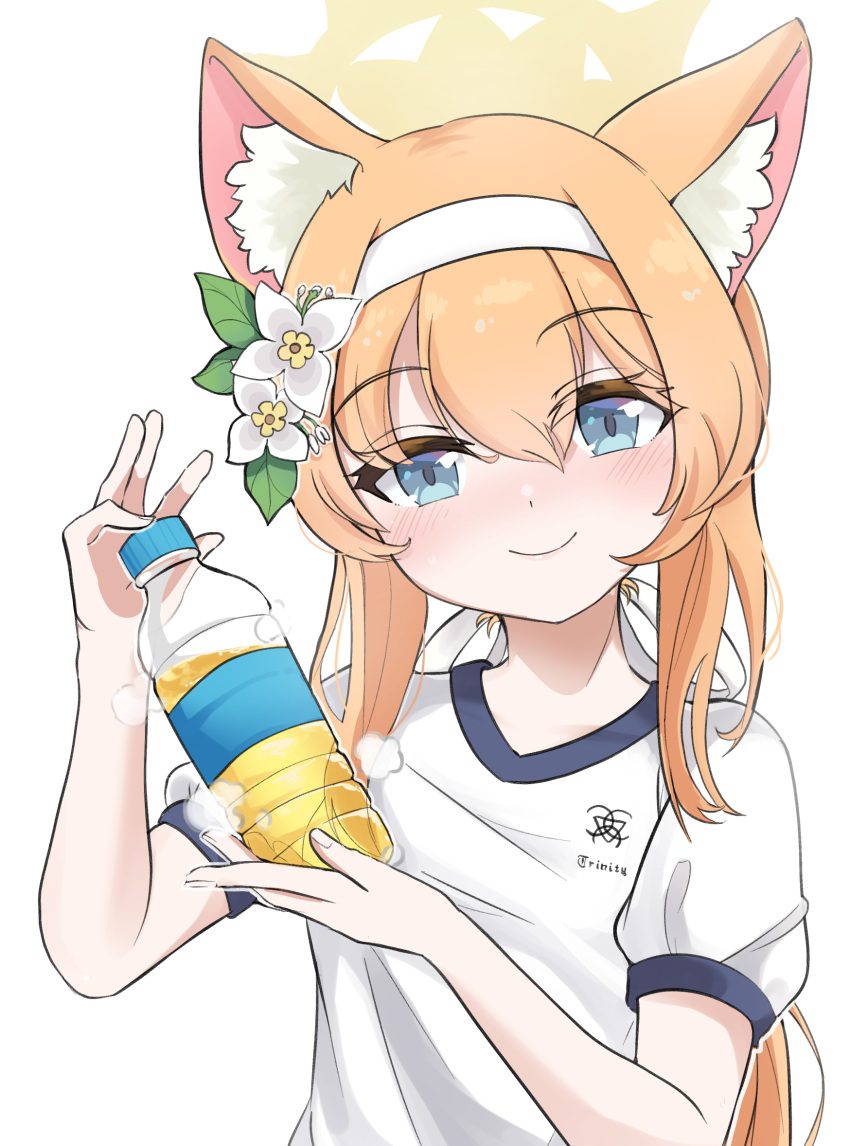 animal_ears blue_archive blue_eyes bottle cat_ears cat_girl commentary female flower gym_shirt hair_between_eyes hair_flower hair_ornament hairband halo highres holding holding_bottle long_hair looking_at_viewer low_ponytail mari_(blue_archive) mari_(track)_(blue_archive) merlt official_alternate_costume orange_hair pee_in_container piss_bottle shirt short_sleeves sidelocks simple_background smile solo urine visible_air water_bottle white_background white_hairband yellow_halo yellow_liquid