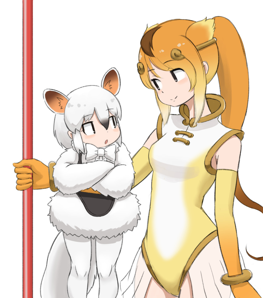 2girls animal_ears bad_id bad_pixiv_id black_hair bo_staff bow bowtie brown_hair circlet commentary_request crossed_arms elbow_gloves extra_ears gloves golden_snub-nosed_monkey_(kemono_friends) gradient_hair hair_between_eyes height_difference highleg highleg_leotard highres kemono_friends leotard long_hair long_sleeves looking_at_another multicolored_hair multiple_girls okome_kogashi open_mouth orange_hair pantyhose ponytail short_hair simple_background smile southern_tamandua_(kemono_friends) staff tamandua_ears tamandua_tail white_background white_bow white_bowtie white_hair white_legwear yellow_eyes