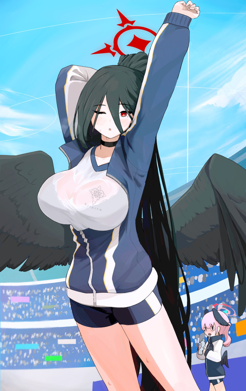 2girls absurdres arms_up black_hair black_wings blue_archive blue_sky blurry bonefire0909 bottle breasts choker cloud cloudy_sky commentary_request depth_of_field feathered_wings gym_shorts gym_uniform hair_between_eyes halo hasumi_(blue_archive) hasumi_(track)_(blue_archive) head_wings highres holding holding_bottle jacket koharu_(blue_archive) long_hair long_sleeves looking_at_viewer multiple_girls official_alternate_costume parted_lips pink_hair plastic_bottle ponytail red_eyes see-through see-through_shirt shirt short_shorts shorts sidelocks sky solo_focus stadium stretching sweat track_jacket twintails wings